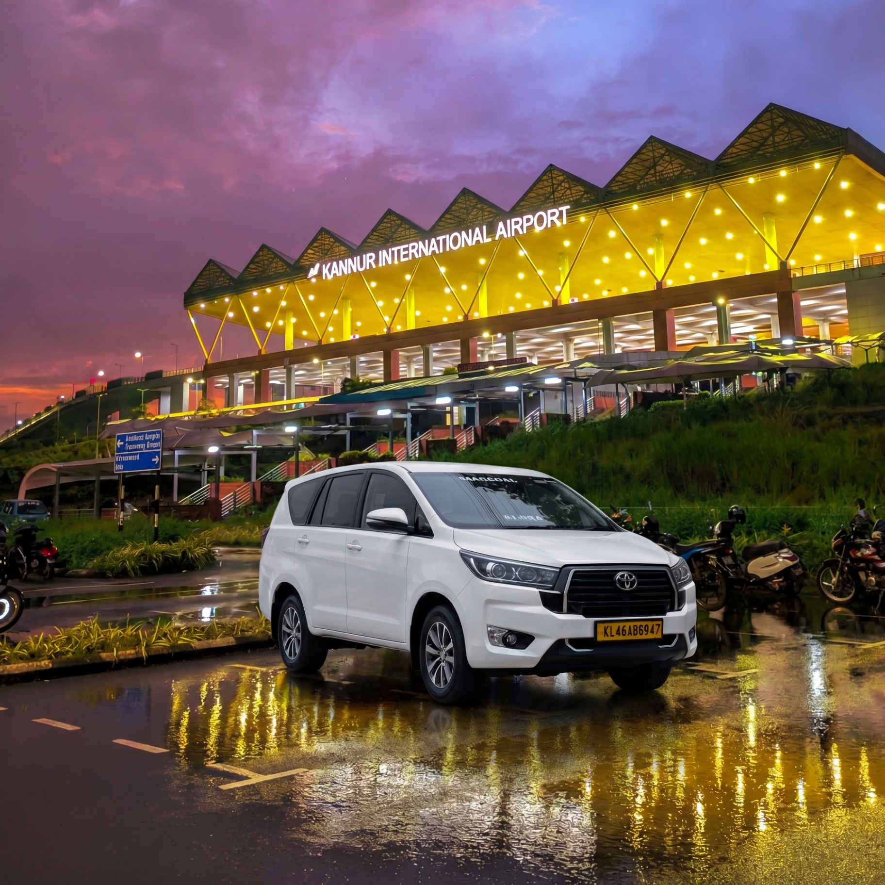 Kannur International Airport pickup at dusk with premium Toyota Innova Crysta